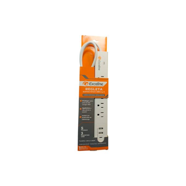 Exceline Regleta Puertos Smart USB A y C GMT-5R3U 5 Tomas, 3 Puertos USB